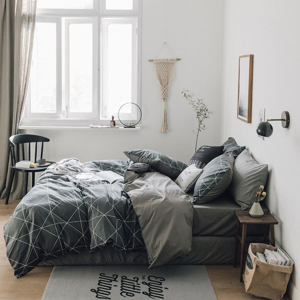 3 Piece King Comforter Set Dark Grey Modern Grid Bedding Comforter Set