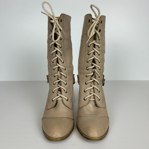 Windsor Smith Leather Boots Women's Size 8.5 Beige Lace Up Heel Mid Calf Y2K - Picture 2 of 19