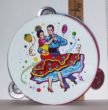 VINTAGE TIN TOY TAMBORINE SPANISH DANCERS ON FRONT GOOD PLAYED WITH CONDITION