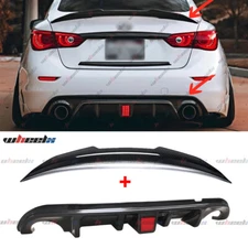 Rear Bumper Diffuser LED + PSM Style Trunk Spoiler For 14-17 Infiniti Q50 Carbon