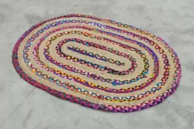 Tapis en jute et coton fait main tapis ovale réversible tapis de vie tapis d'... - Photo 1/4