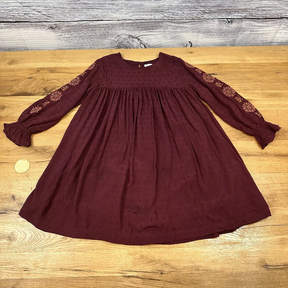 Gymboree Size 8 Girls Peasant Dress Boho Ruffled Long Sleeve Burgundy Embroidery - Image 3 of 4