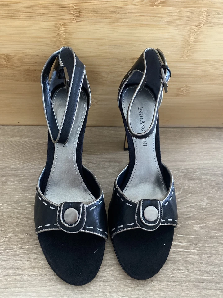 enzo angiolini 7 M Leather High Heels Ankle Strap Black Silver - Image 3 of 4