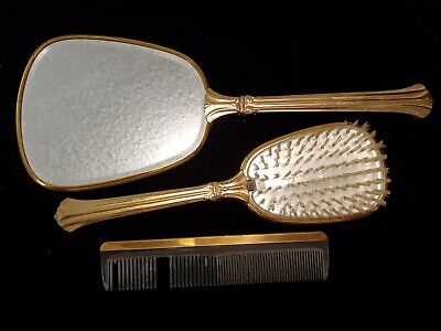 Vintage 3 Piece Gold Vanity Set Mirror, Vanity Mirror Comb And Brush Set