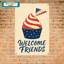 Patriotic Red White Blue Welcome Tin Sign 4th of July Metal Wall Decor