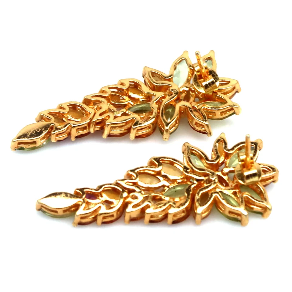 925 Sterling Silver 3 x 7 MM. Green Peridot, Yellow Citrine & Red Ruby Earrings - Image 3 of 4