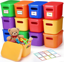 12 Pack Colorful Plastic Storage Bins with Lids 7 Quart Vibrant Colored Toy Stor