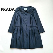 PRADA Flare Gathered Coat Dress Size 40 86cm Navy Blue Made in Italy