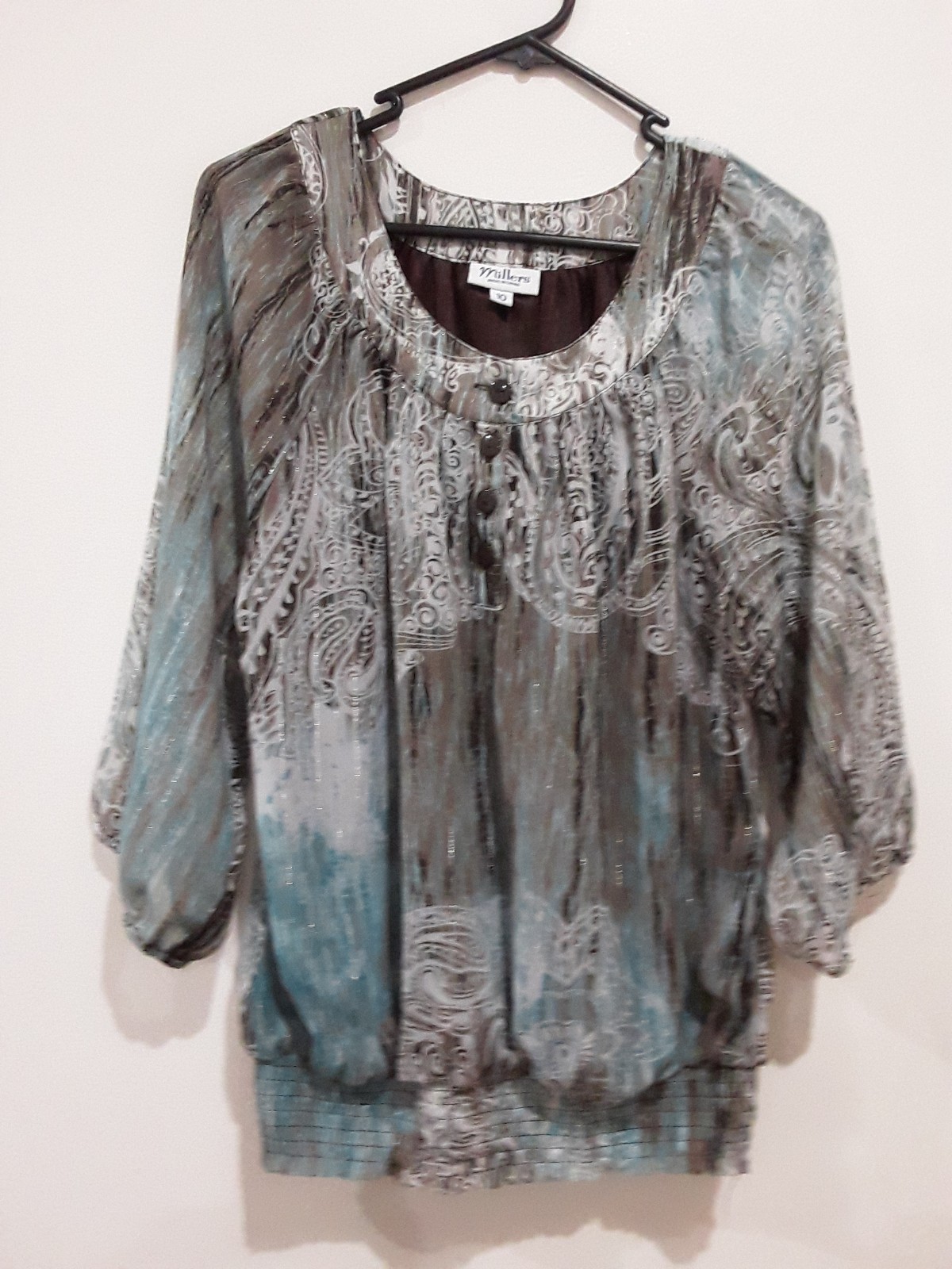 Millers Top Womens Size 10 Sheer 3/4 wide  Sleeve  Lined Pleat Neckline Shimmer image 2