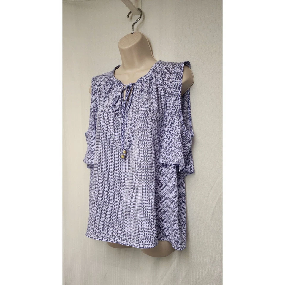 Michael Kors Hombro Frío Manga Corta Corbata Frontal Azul/Blanco Floral Transparente Top XL Foto 3 de 4