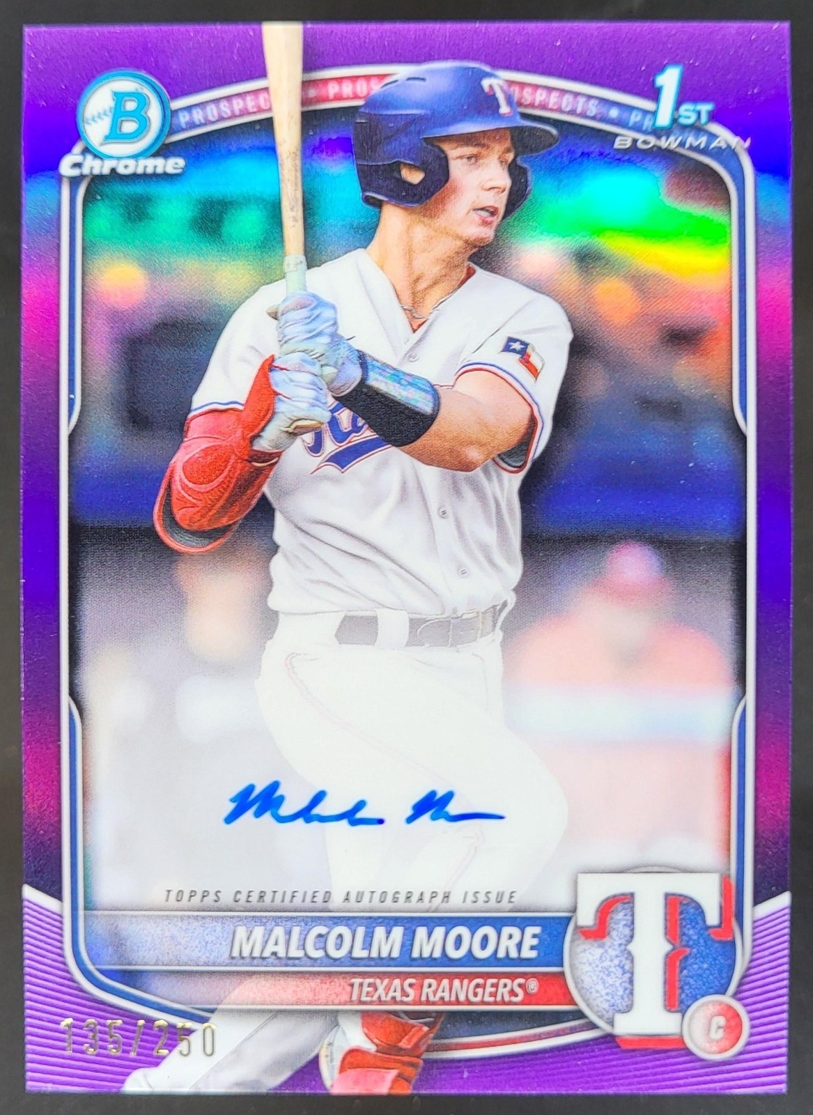 2025 Bowman Malcolm Moore Chrome Auto Purple Refractor /250 1st Rangers MA3