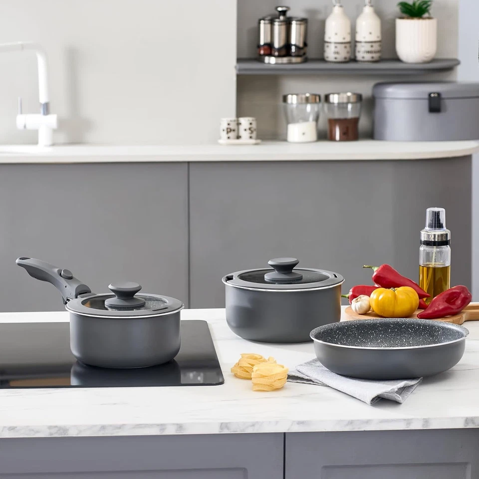 Set Di Padelle in Granito, Antiaderenti, Con Coperchio in Vetro, 6 Pezzi, Utensi - Immagine 2 di 4