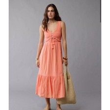 American Eagle Maxi Dress Size XXL Cotton Peach Cut Out V Neck Boho Summer