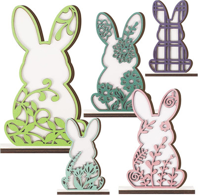 5 Pcs Easter Bunny Wooden Table Decor for Home Spring Colorful Wood Rabbit Tiere