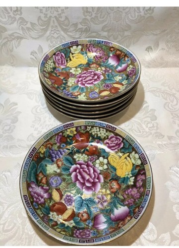 VINTAGE CHINESISCHE SUPPENTELLER "MILLE FLEURE" DEKORATION ZHONGGUO CHAO CAI, 7 Teile - Bild 7 von 11