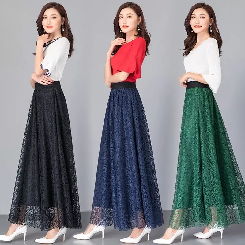 Lady A line Long Skirt Lace Swing Frill Hollow Casual Party Summer Elegant Chic