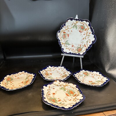 thomas forester And Sons Flow Blue Chinois Floral 5 Piece Dessert Set