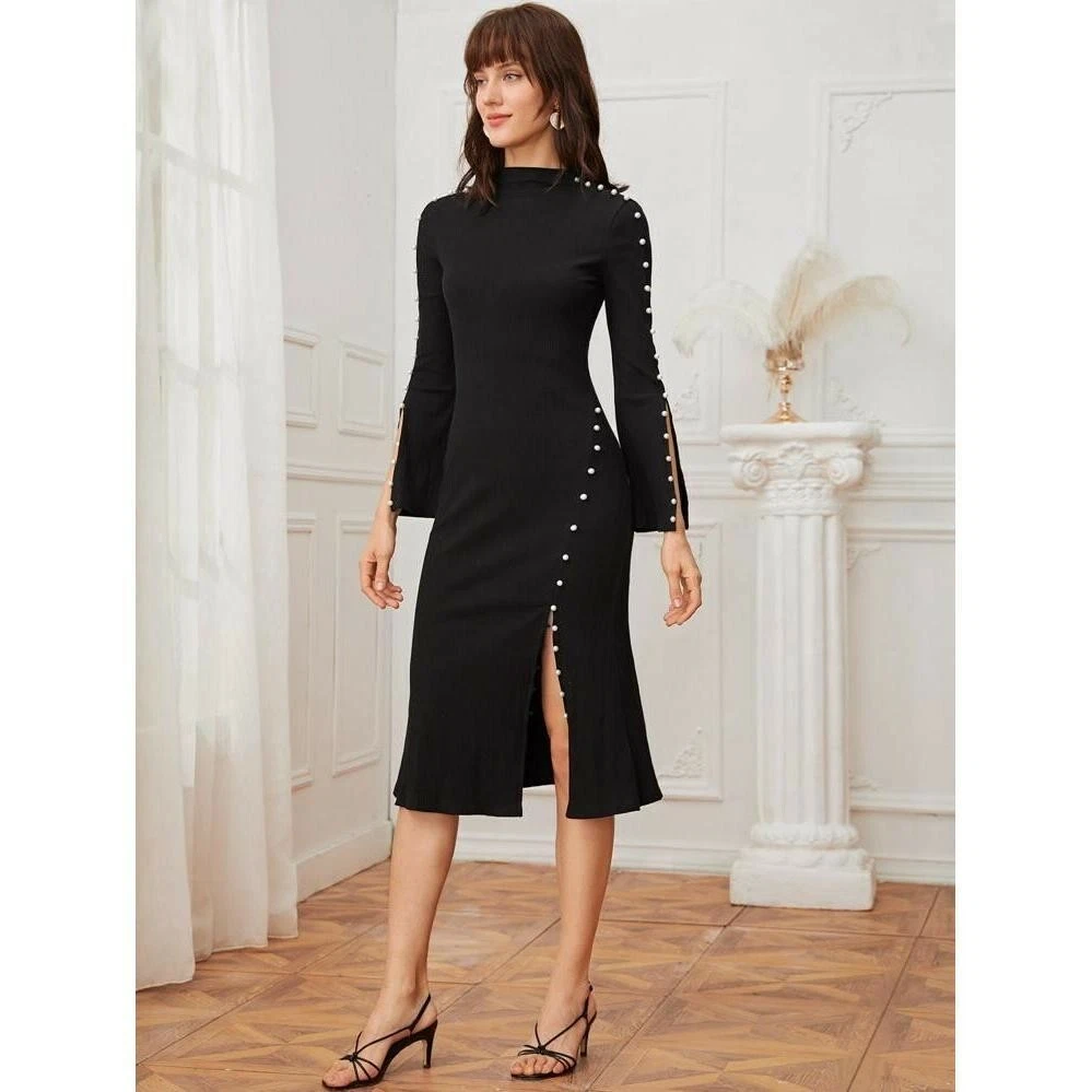 Shein black midi hot sale dress