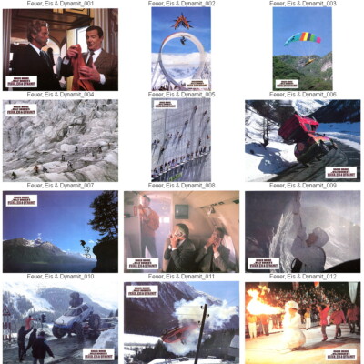 FEUER, EIS UND DYNAMIT: 1 Aushangfotosatz:12 Fotos (21x29cm) ROGER MOORE