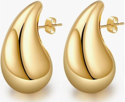 Luxus Edelstahl Tropfen Goldene Ohrringe Ohrstecker 14K Gelbgold vergoldet  32mm