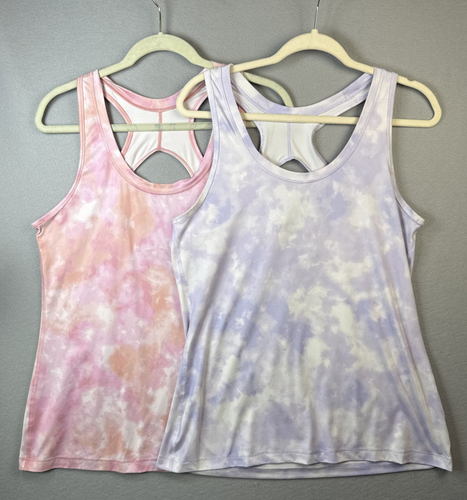 2 x Athleta Nitro Tank Tops Womens Size L Light Purple & Peach Tie-Dye Keyhole