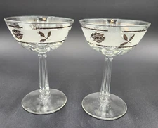 Vintage MCM Libby Silver Leaf Frosted Champagne Glass 5.5 Tall" Set of 2