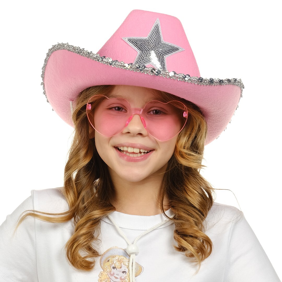 Funcredible Cowgirl Hat & Heart Glasses Set - Sparkly Cowboy Hat With Tiara & Star For Princess Rodeo Look - One Size