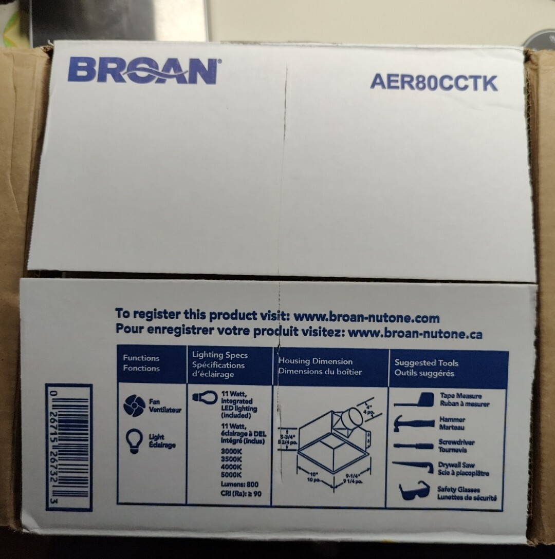 Broan-NuTone Bathroom Exhaust Fan with LED Light 80 CFM AER80CCTK, White |  eBay