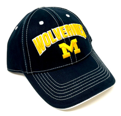 UNIVERSITY OF MICHIGAN WOLVERINES TEXT LOGO NAVY BLUE CURVED BILL HAT CAP RETRO