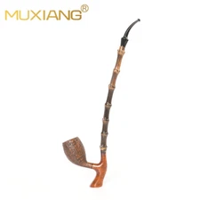 MUXIANG Briar Cavalier Tobacco Pipe Sandblasted Wooden Freehand Pipe Bamboo Stem