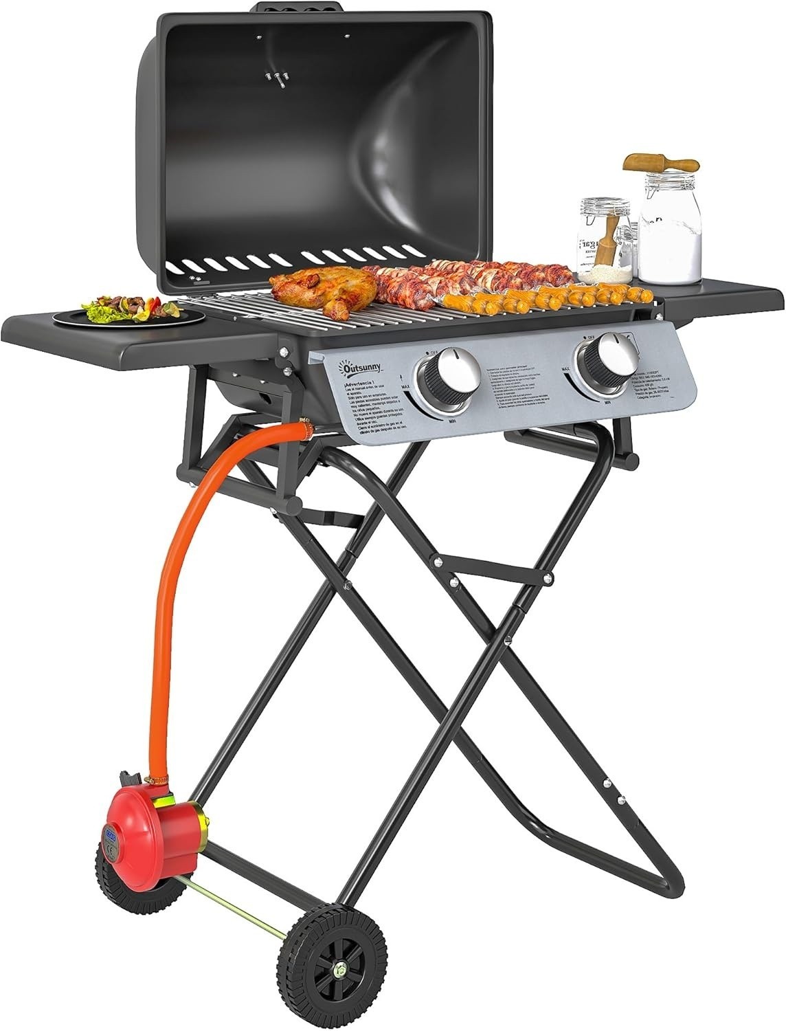 Faltbarer Gasgrill mit Beistelltischen, 2 Brenner Tragbarer Gasgrill Grill mit dem