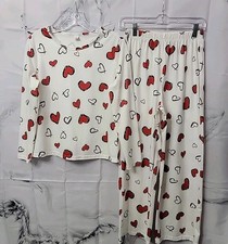 SHEIN 15Y Teens/Juniors  White Red Heart Pattern Long Sleeve Top & pants Pajamas
