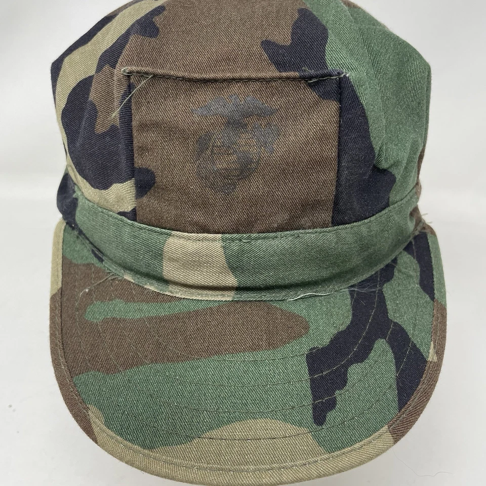 VINTAGE USGI Utility Cap Hat Woodland Camo USMC Logo Medium USA 80s - Image 2 of 4