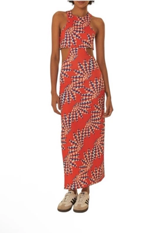 ADIDAS X FARM RIO 高级连衣裙女式大号亮红色幸福橙色镂空 — 第 2/4 张图片