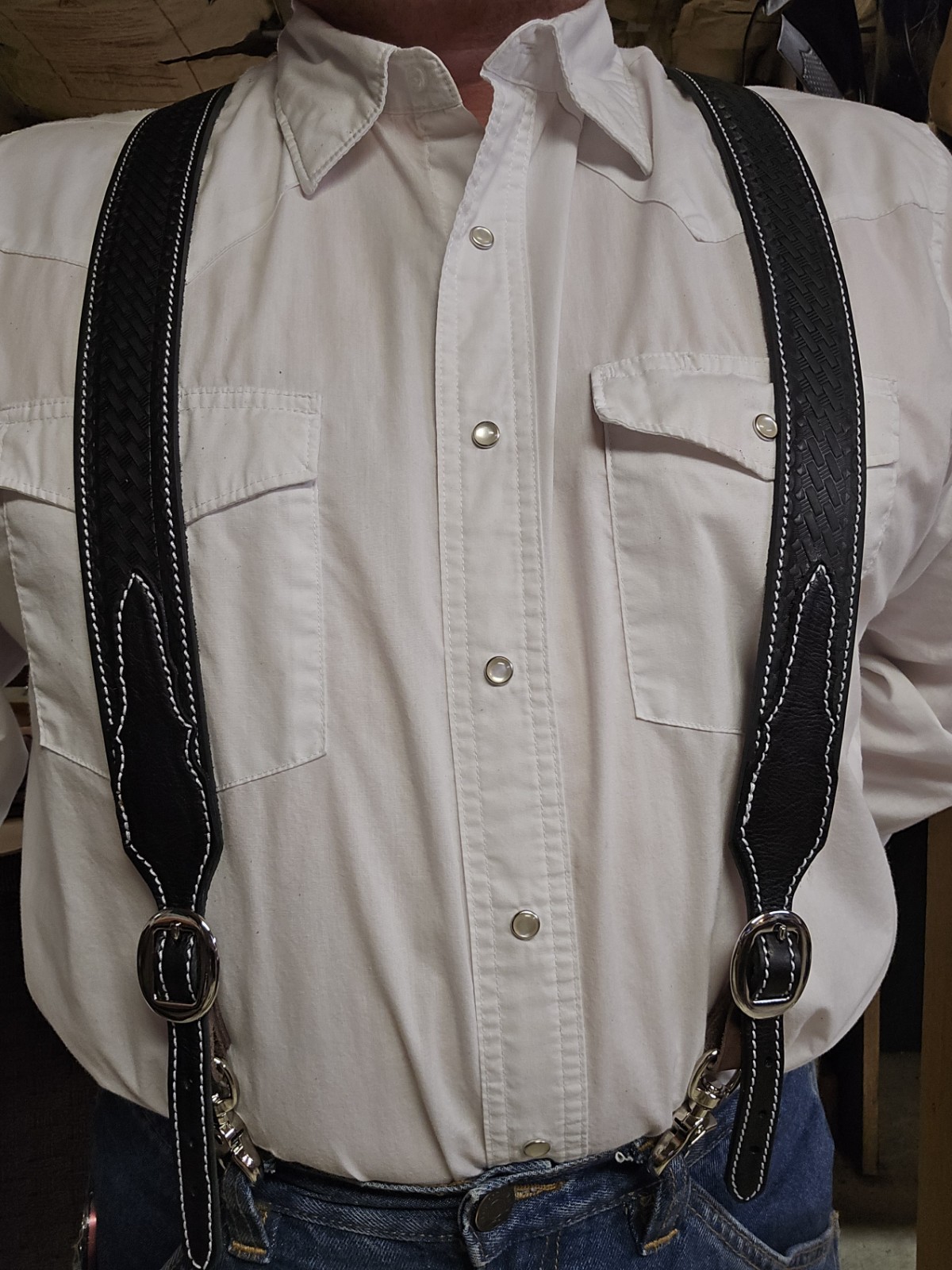 Leather Y-Back Suspenders for Western Cowboys Black, Heavy Duty. Made ...