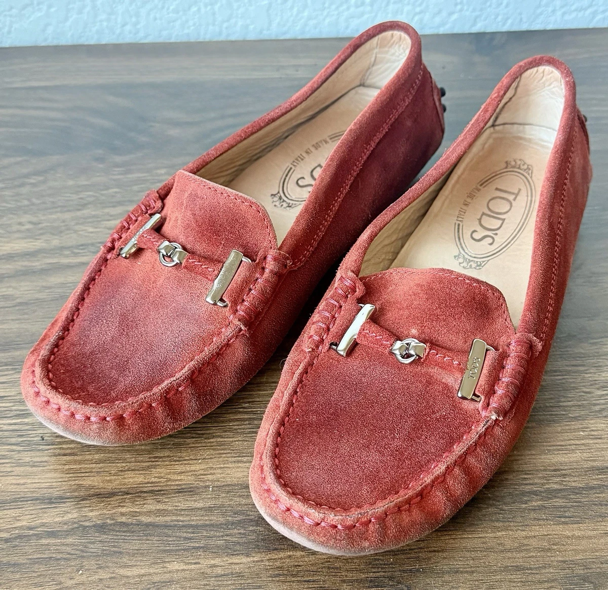 100% AUTH Tod\'s Red Canvas Driving Loafers with Tan Laces Tod main image 2