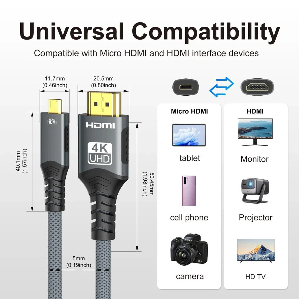 Micro HDMI to HDMI Cable Braided 4K@60Hz 2K@165Hz Camera Monitor Cord USA - Image 2 of 4