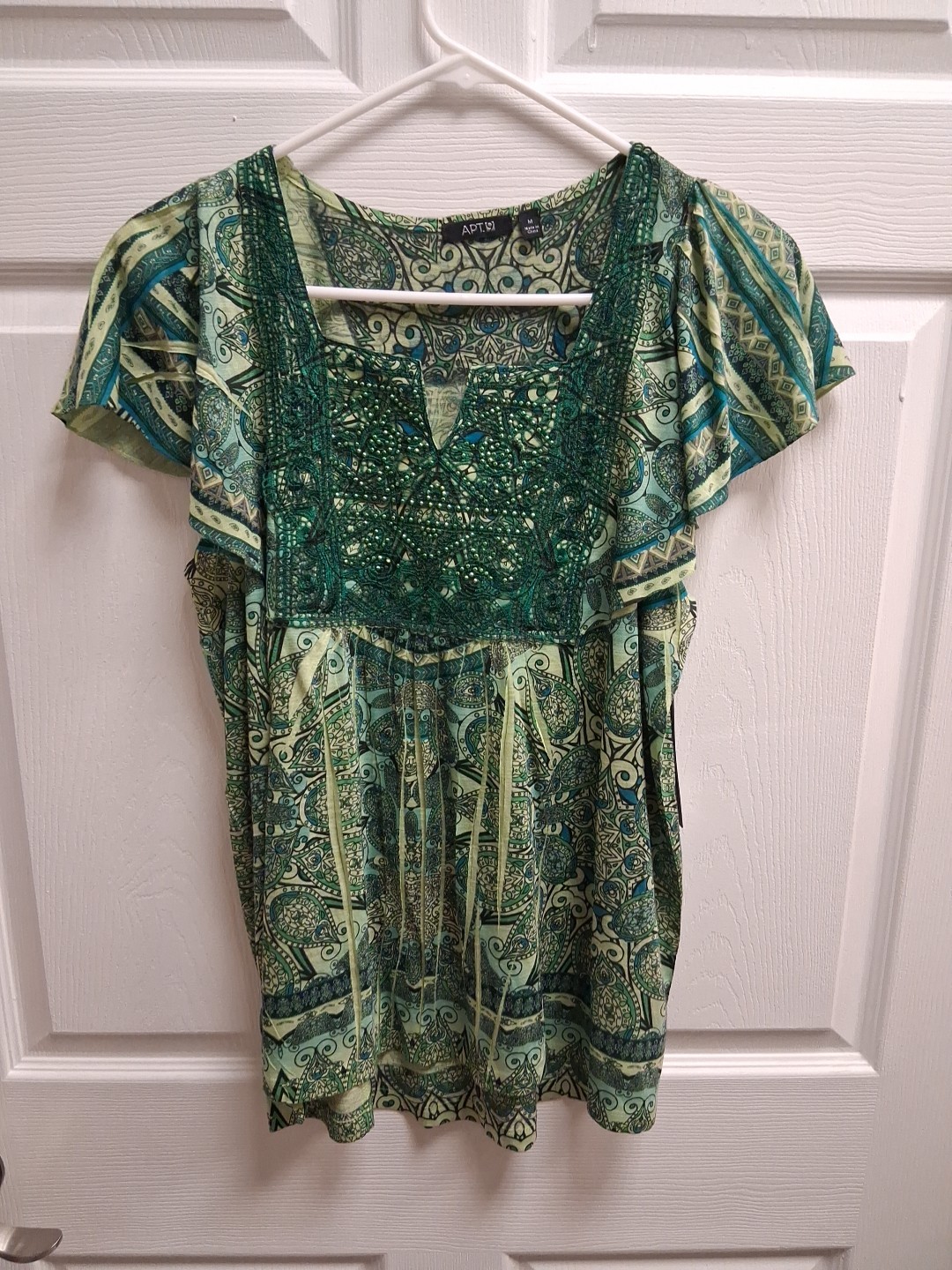 Apt 9 L Top Sublimation Large Stretch Blouse Green Ruffle Bling Lg Shirt