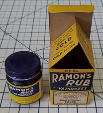 Unopened 1930s RAMON'S RUB w/ Box Glass Bottle Jar Advertising Vintage Antique