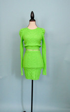 Size: S FASHIONNOVA Lime Green Sweater Skirt Set Puffed Long Sleeve Cable Knit