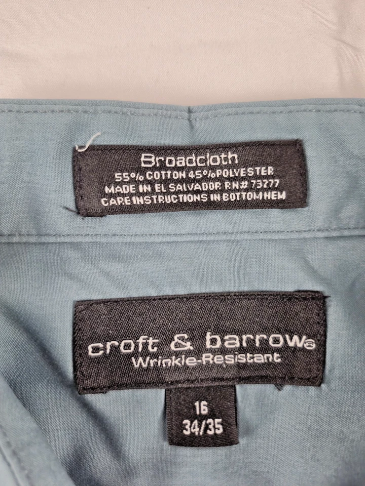 Camisa de vestir Croft & Barrow para hombre 16 34-35 tela ancha abotonada azul gris bolsillo Foto 3 de 4
