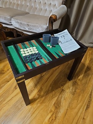 Vintage Holz Backgammon Tisch auf Beinen Komplettset mit Würfeln, Tassen & Regeln RAR
