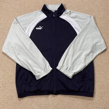 VINTAGE Puma Tracksuit Top Mens Large Navy Grey 90s Fleece Track Jacket