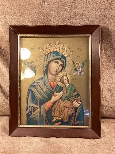 Vintage Our Lady Of Perpetual Help Gold Leaf Icon Framed 9” X 12” Italy ...