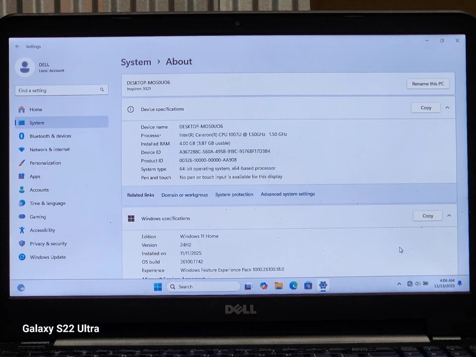 DELL INSPIRON3521 15,6'' BILDSCHIRM RAM 4GB SPEICHER 350GB CELRON 1007U WIN 11 SD KARTE - Bild 2 von 4