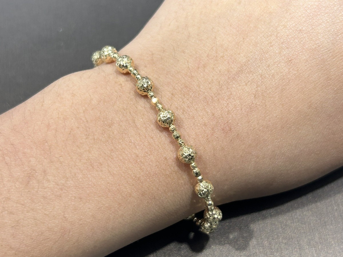 18k Yellow Gold Diamond Cut Ball Chain Link Adjustable Bracelet 7 