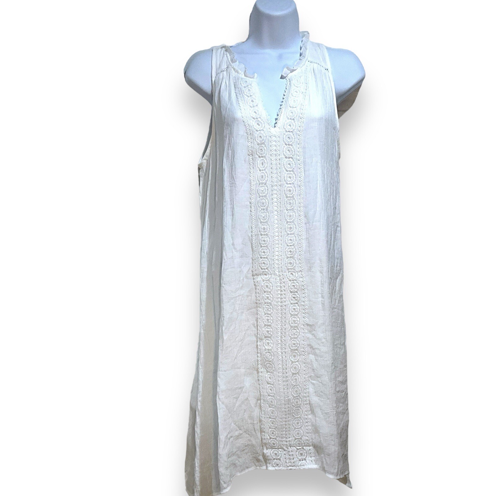 INDIGO ROSE Size L Crisp White Lace Detail Boho Sleeveless Summer Dress