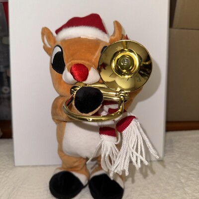 New Rudolph Red Nosed Reindeer Plush Animated Musical Playing Trombone Gemmy