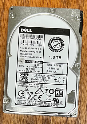 Dell VTHDD HGST 0B33079 HUC101818CS4204 1.8TB 10KRPM 12Gb/s 2.5'' SAS Server HDD