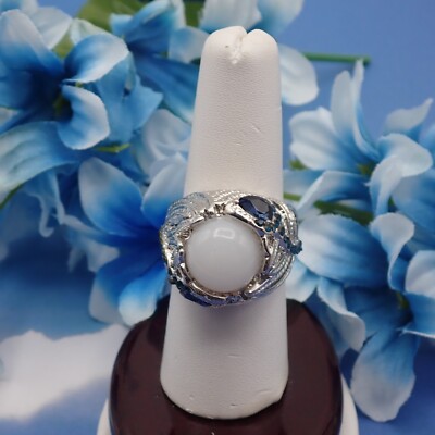 Fashion Opaque White Cabochon Blue Rhinestone Silver Tone Size 7 Dome Ring